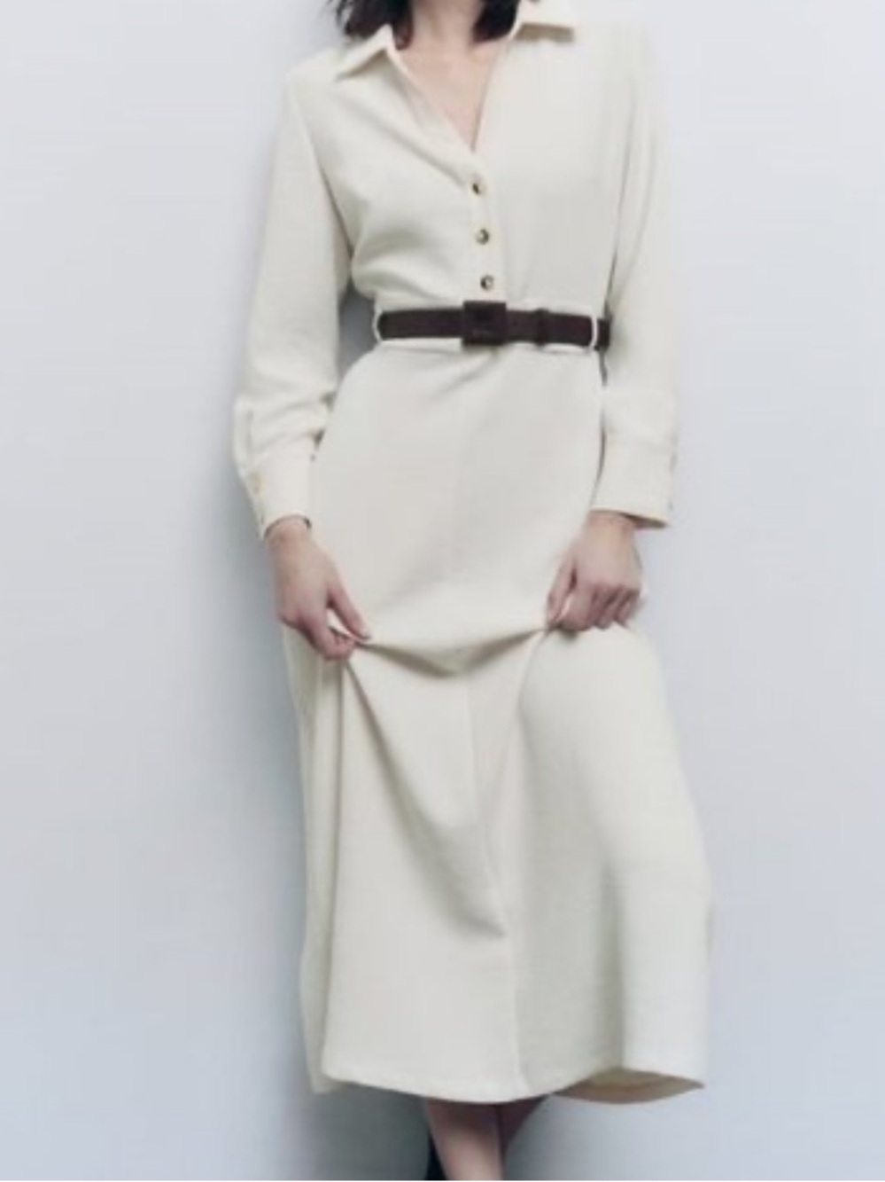 Zara Cream Midi Shirt Dress with Brown Belt